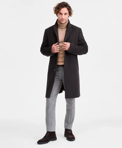 Michael Kors Men's Classic-fit Olive Navy Plaid Wool Blend Overcoat In Black