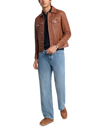 Michael Kors Topstitched Leather Trucker Jacket In Brown