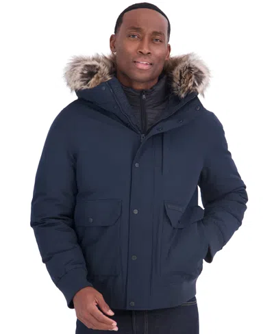 Michael Kors Men's Faux-fur-trim Quilted-bib Hooded Bomber Jacket In Blue