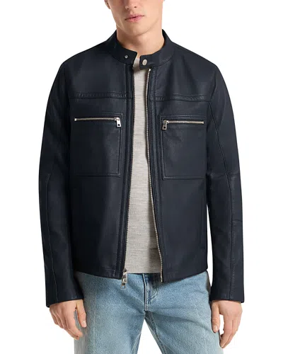 Michael Kors Men's Grained Double Zip Pocket Leather Jacket In Blue