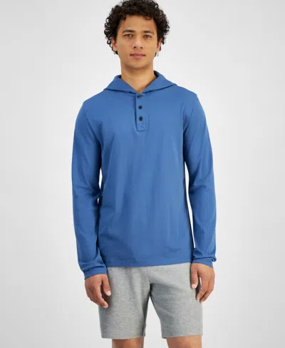 Michael Kors Men's Premium Textured Long Sleeve Henley Hoodie In Ocean Blue