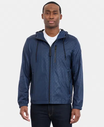 Michael Kors Men's Printed Logo Hooded Windbreaker Jacket In Blue