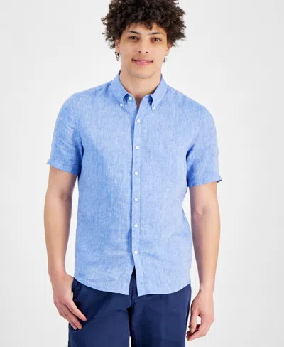 Michael Kors Men's Slim-fit Linen Short-sleeve Shirt In Blue