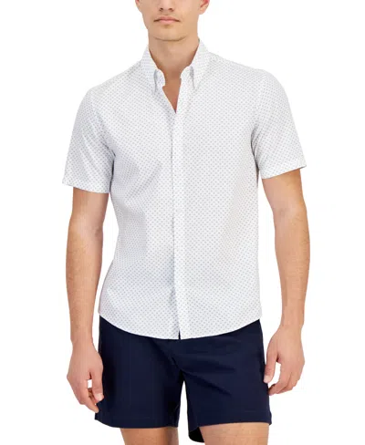 Michael Kors Men's Slim-fit Stretch Textured Geo-print Button-down Shirt In White