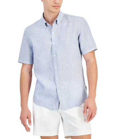 Michael Kors Men's Slim-fit Stripe Button-down Linen Shirt In Chambray