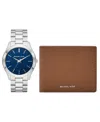 Michael Kors Men's Slim Runway Three-hand Silver-tone Stainless Steel Bracelet Watch 44mm And Luggage Saffiano Le In Silver-tone
