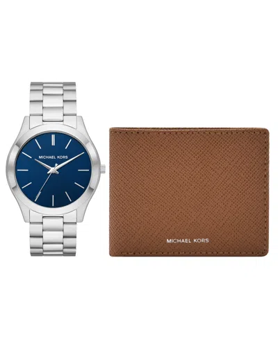 Michael Kors Men's Slim Runway Three-hand Silver-tone Stainless Steel Bracelet Watch 44mm And Luggage Saffiano Le