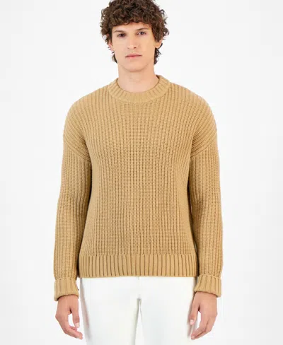 Michael Kors Men's Stepped Hem Crewneck Sweater In Dark Camel Melange