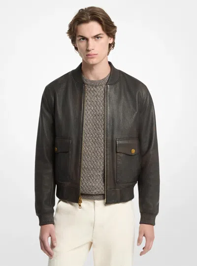 Michael Kors Mens Michael Kors Pebbled Leather Bomber Jacket In Brown