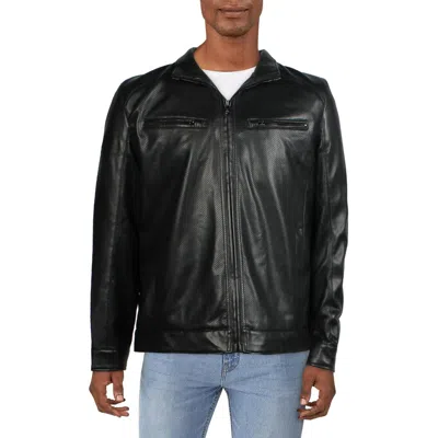 Michael Kors Mens Perforated Faux Leather Motorcycle Jacket In Black