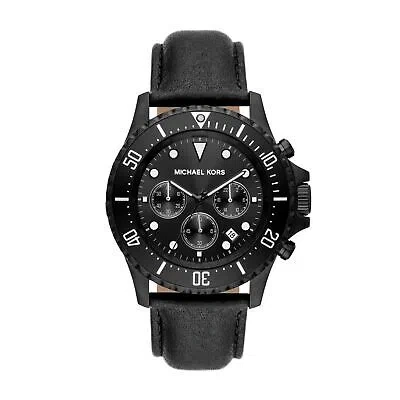 Pre-owned Michael Kors Mens Wristwatch  Everest Mk9053 Chrono Genuine Leather Black