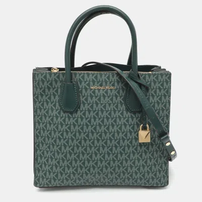 Pre-owned Michael Kors Mercer Medium Green Signature Coated Canvas And Leather Accordion Tote