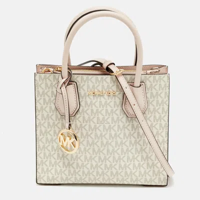 Pre-owned Michael Kors Mercer Mini Light Pink/beige Signature Coated Canvas And Leather Tote