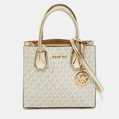 Pre-owned Michael Kors Mercer Small Gold/white Signature Coated Canvas Tote