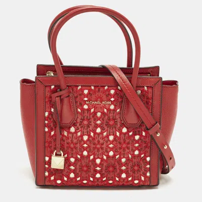 Pre-owned Michael Kors Mercer Studio Floral Cut Out Red Leather Tote