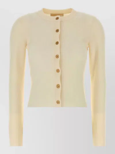 Michael Kors Merino Wool Rib Crew Neck Cardigan In Neutral