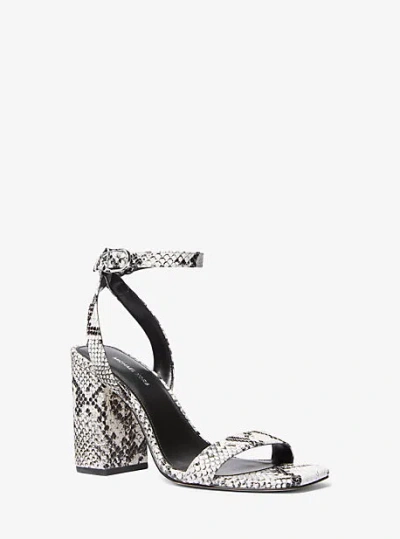 Michael Kors Merriam Snake Embossed Leather Block Heel Sandal In Grey