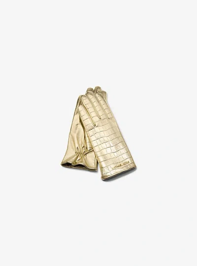 Michael Kors Metallic Crocodile Embossed Leather Gloves In Gold