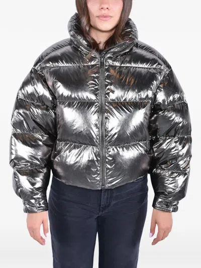 Michael Kors Metallic Nylon Ciré Puffer Jacket In Gray