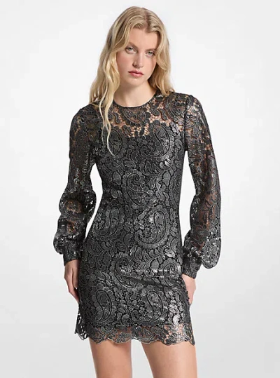 Michael Kors Metallic Paisley Lace Mini Dress In Black