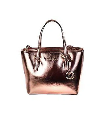 Pre-owned Michael Kors Metallic Smooth Leather Top Zip Tote Bag With Adjustable Strap - In Primrose (pink)
