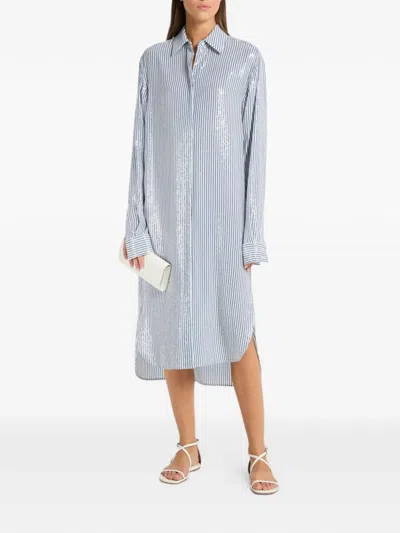 Michael Kors Sequined Stripe Crepe De Chine Shirtdress In Blue