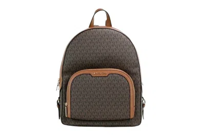 Michael Kors Jaycee Large Brown Signature Pvc Shoulder Backpack Women's Bookbag In Gold