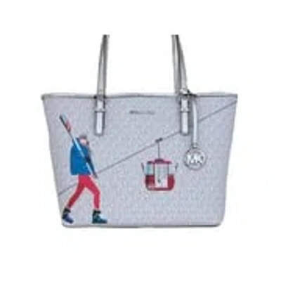 Michael Kors Jet Set Travel Girls Medium Signature Carryall Tote White Women's Mk In Silver