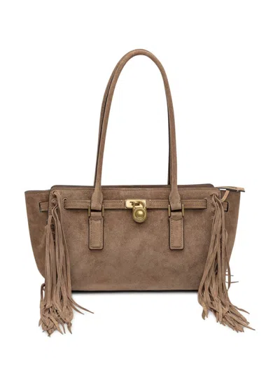 Michael Kors Sm Ew Shoulder Tote Bag In Suede In Brown
