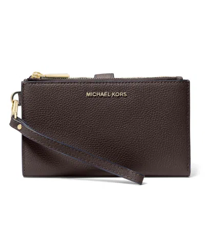 Michael Kors Michael  Adele Double-zip Pebble Leather Phone Wristlet In Chocolate