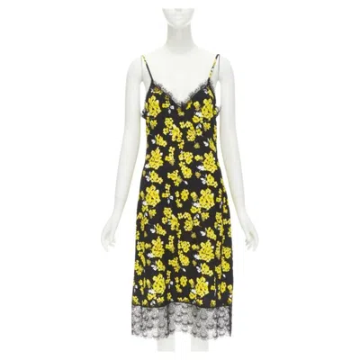 Pre-owned Michael Kors Michael  Black Yellow Floral Print Lace Trimmed Summer Dress M