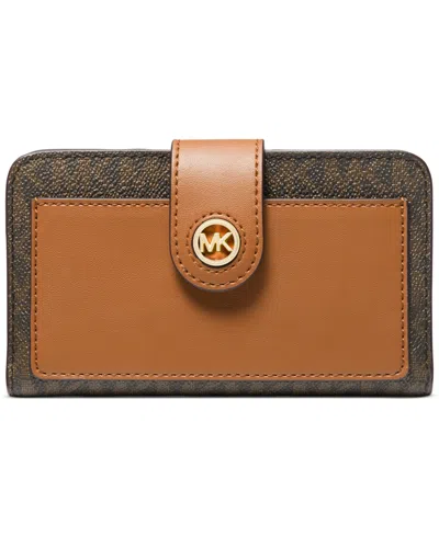 Michael Kors Michael  Charm Logo Medium Tab Pocket Bifold Wallet In Brn,acorn