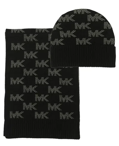 Michael Kors Michael  Check Cuff Hat And Scarf Set In Black