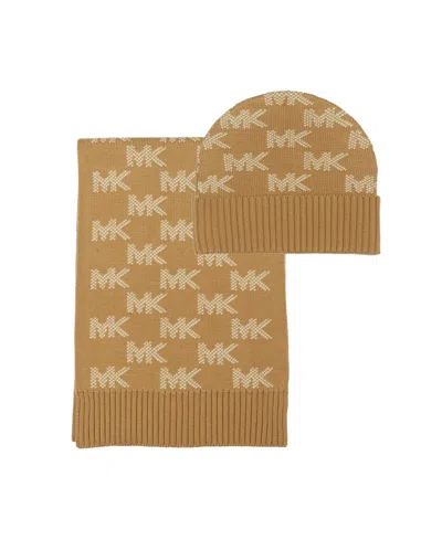 Michael Kors Michael  Check Cuff Hat And Scarf Set In Brown