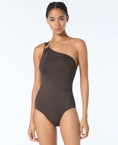 Michael Kors Michael  Embellished One-shoulder Underwire One-piece Swimsuit In Brown