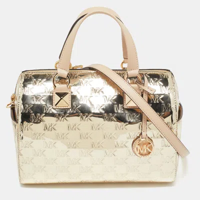 Pre-owned Michael Kors Michael  Gold Signature Laminated Leather And Leather Grayson Satchel