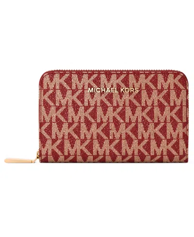 Michael Kors Michael  Jet Set Zip Around Card Case Wallet In Red