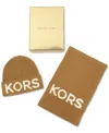 Michael Kors Michael  Fisherman's Rib Beanie And Scarf Boxed Gift Set In Dark Camel
