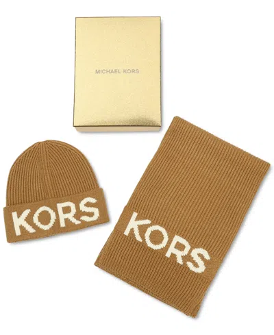 Michael Kors Michael  Fisherman's Rib Beanie And Scarf Boxed Gift Set In Dark Camel