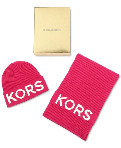 Michael Kors Michael  Fisherman's Rib Beanie And Scarf Boxed Gift Set In Deep Fuchsia