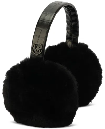 Michael Kors Michael  Logo Charm Croc-embossed Fuzzy Ear Warmers In Black
