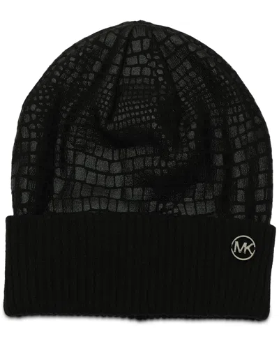 Michael Kors Michael  Logo Charm Ribbed Trim Croc-embossed Beanie In Black