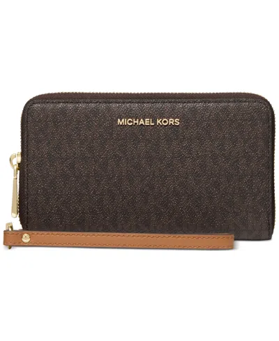 Michael Kors Michael  Logo Jet Set Flat Multifunction Phone Case In Brown,gold