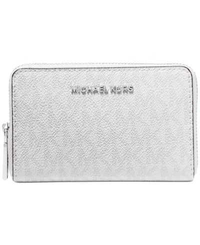 Michael Kors Michael  Logo Jet Set Zip-around Card Case In Optic White,alluminum