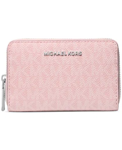 Michael Kors Michael  Logo Jet Set Zip-around Card Case In Smokey Rose,silver