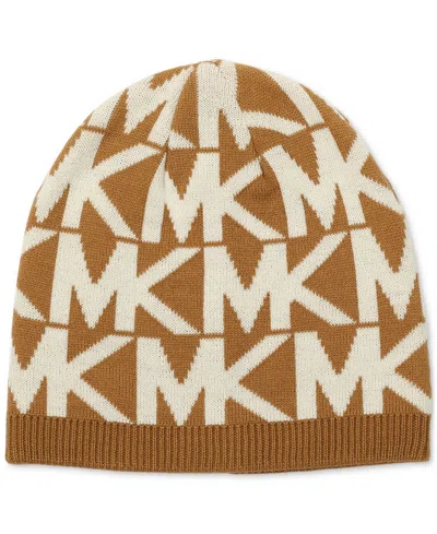 Michael Kors Michael  Major Mk Repeating Logo Knit Beanie In Dark Camel
