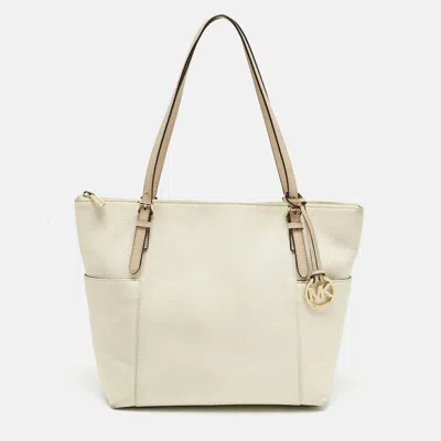Pre-owned Michael Kors Michael  Off White/beige Leather Jet Set East West Tote