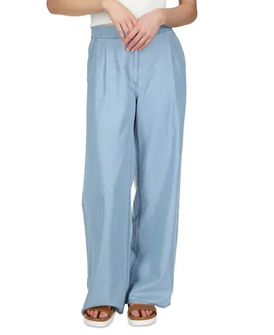 Michael Kors Michael  Petite Chambray Elastic-back Wide-leg Pull-on Pants In Blue