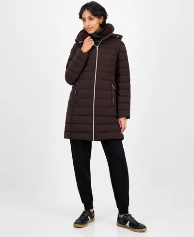 Michael Kors Michael  Petite Faux-fur-collar Hooded Packable Puffer Coat In Brown