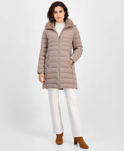Michael Kors Michael  Petite Faux-fur-collar Hooded Packable Puffer Coat In Gray